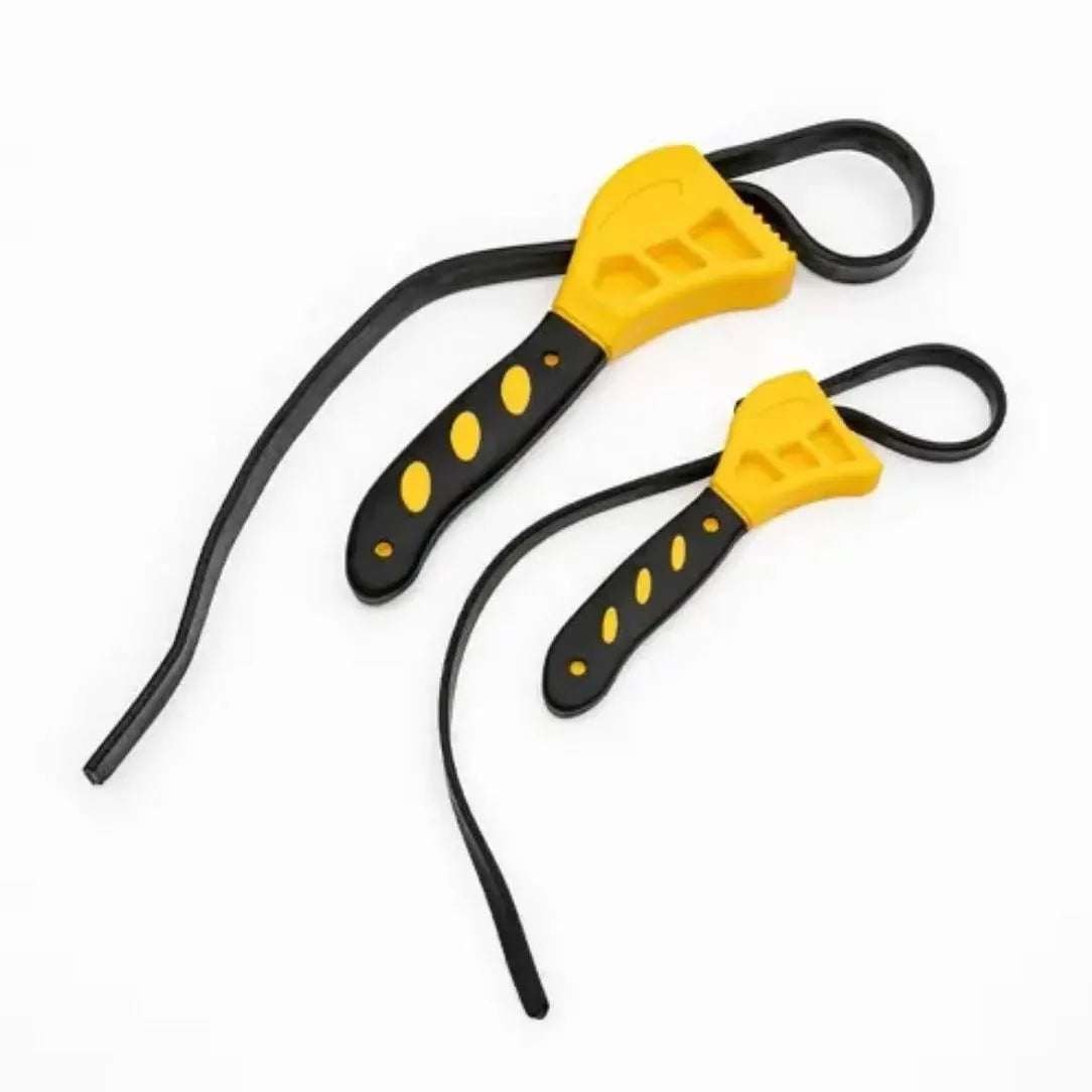 Adjustable rubber strap wrench showing plastic body and rubber strap in 6-inch and 8-inch sizes