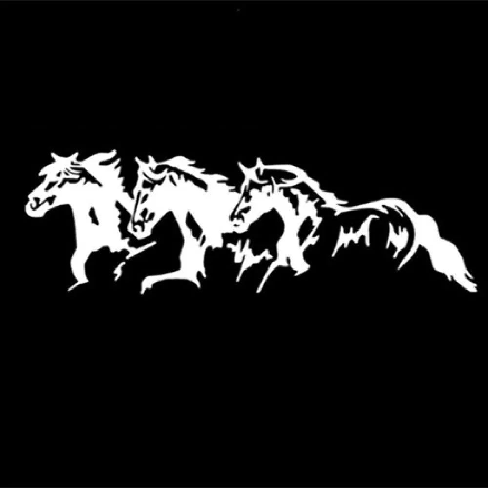 Three Horses steed design car sticker measuring 25 by 8 cm in black, white, red, and blue colour options.