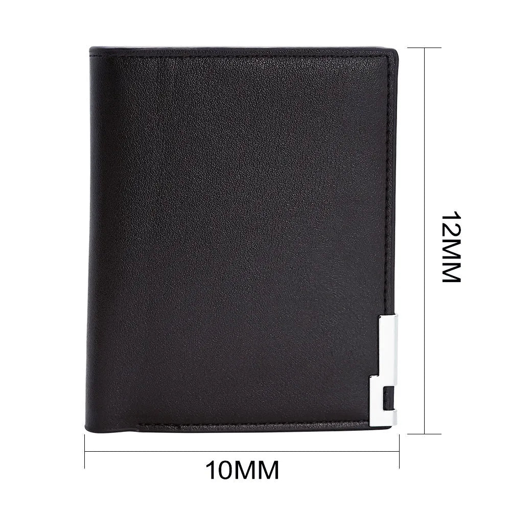 Men's leather wallet with a zip closure, presented as a gift.