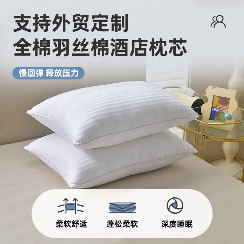 White hotel cotton satin stripe feather pillow showing size options and feather cotton filling