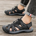 Men's blue summer casual sports shoes with Velcro strap and mesh upper.