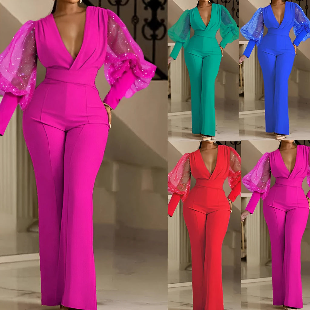 Red women's mesh stitch jumpsuit with long sleeves, wide leg trousers, and an elastic waist.