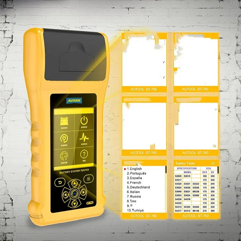 Autool BT760 colour screen automotive battery tester with clip leads and printed diagnostic receipt.