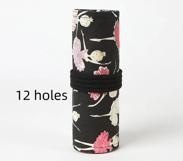 Canvas roll-up pencil case with ballet girl print, shown unrolled to display multiple pencil loops.