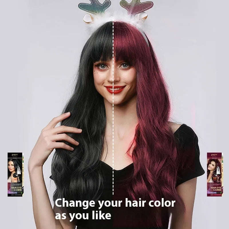Hair dye kit with comb applicator and three 200ml bottles in brown, wine red, and dark brown shades