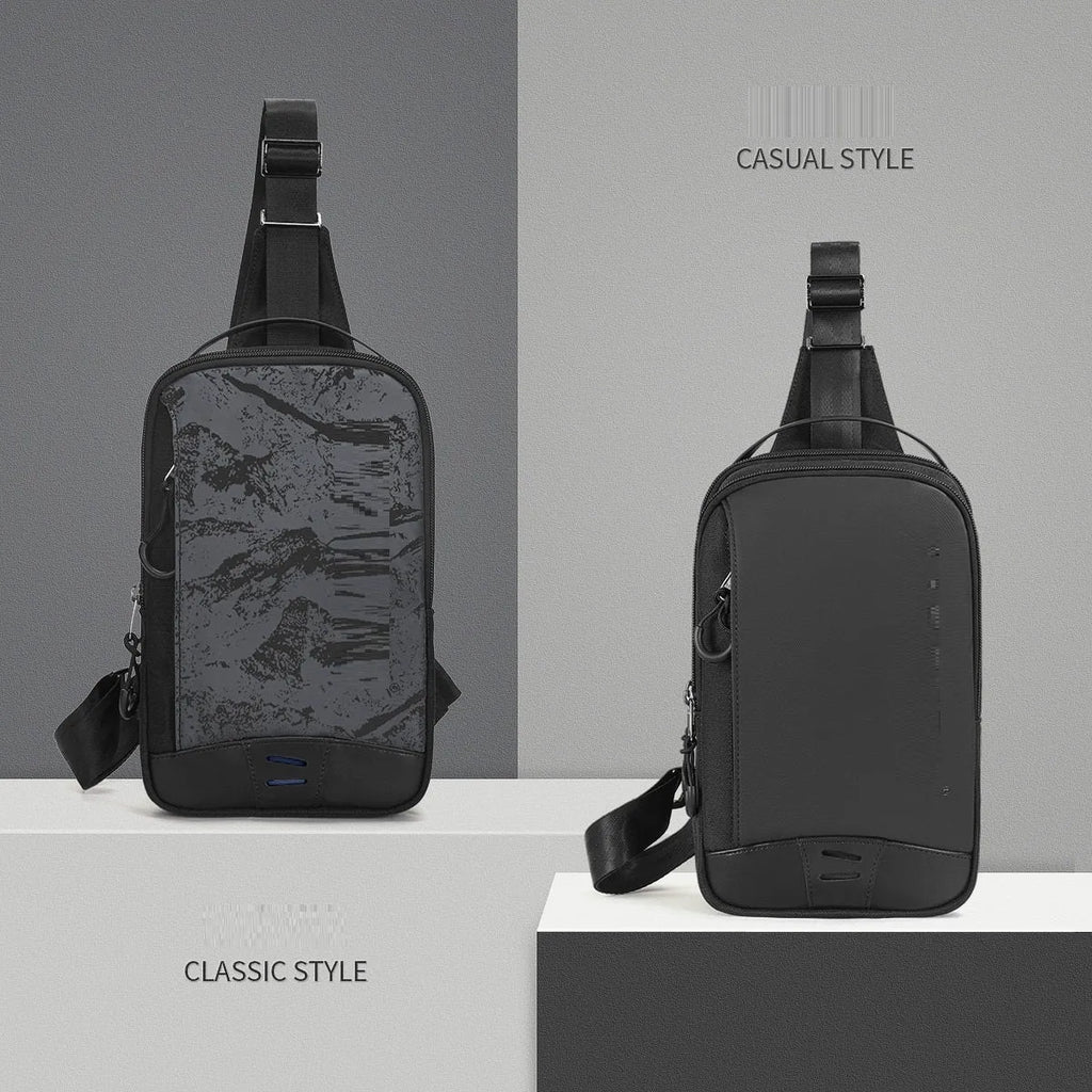 Casual black camouflage pattern chest bag with a shoulder strap, shown in a square vertical shape.