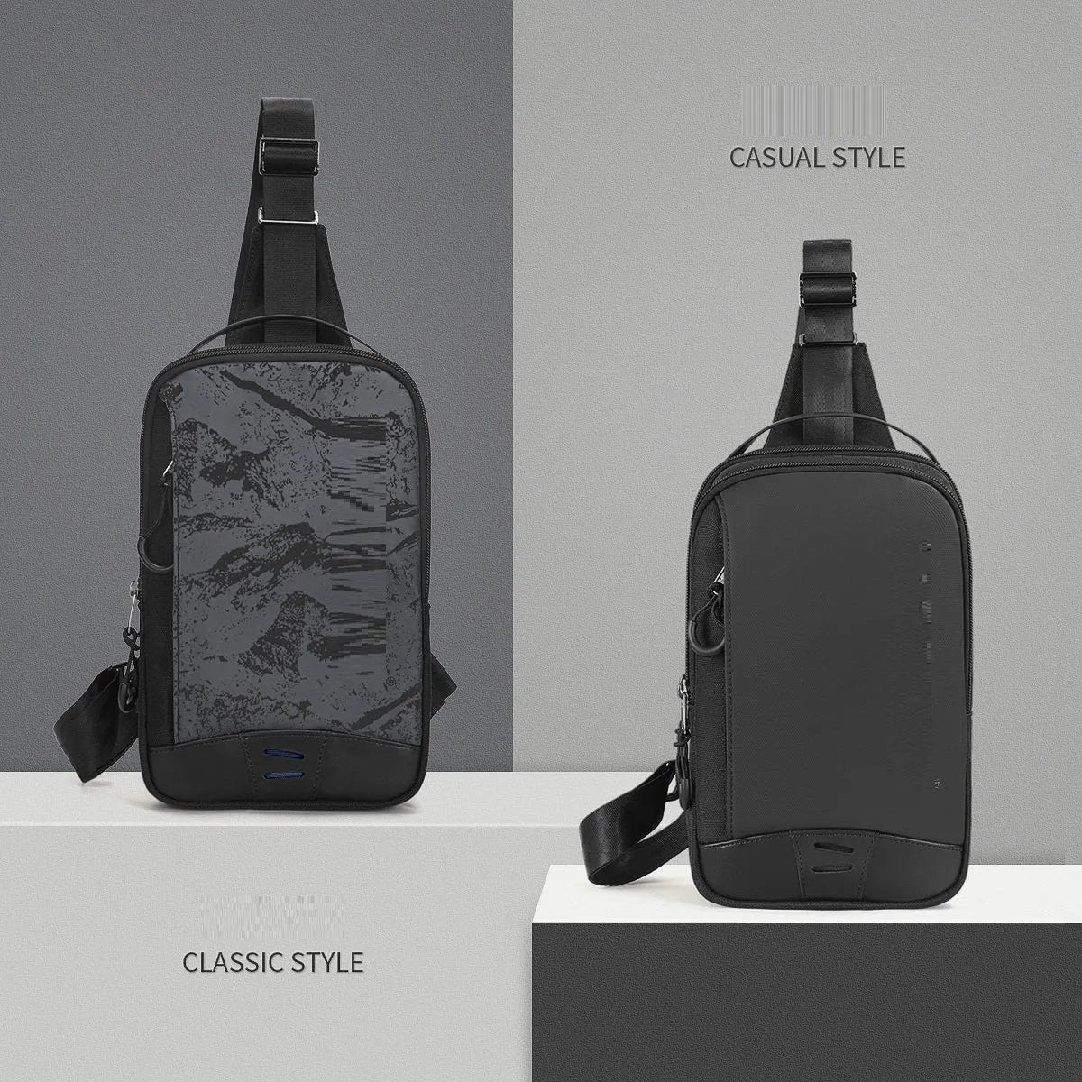 Casual black camouflage pattern chest bag with a shoulder strap, shown in a square vertical shape.