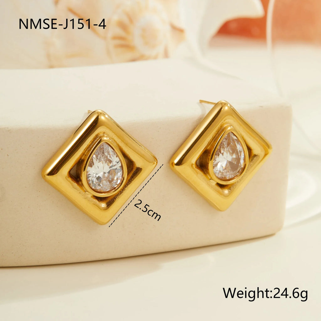 Gold electroplated stainless steel stud earrings with geometric water drop zircon inlay