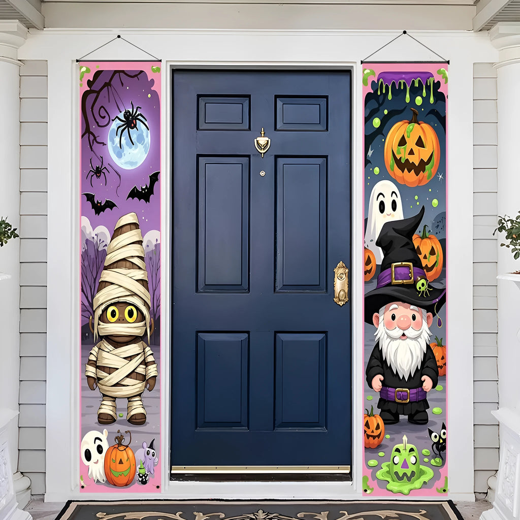 Pair of Halloween couplet banners measuring 30cm by 180cm for seasonal decoration