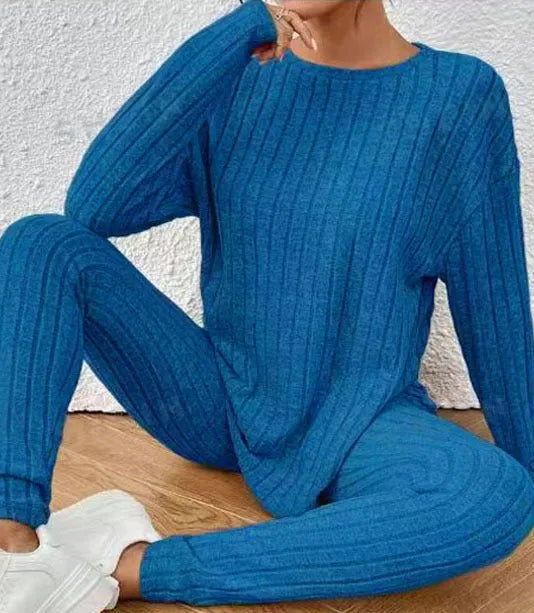 Women's black sunken stripe two-piece lounge set with top and trousers