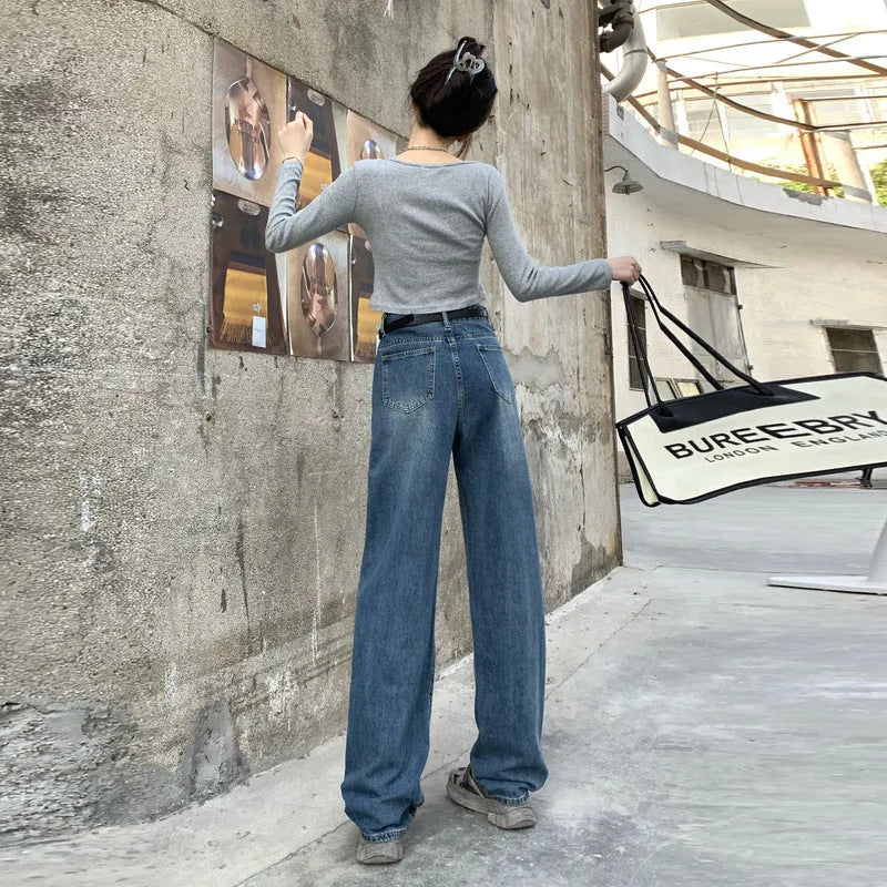 Women's retro blue straight-leg jeans with high waist design in three length variations