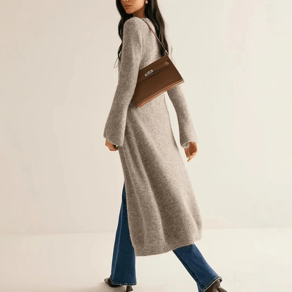 Khaki French style elegant retro women's cardigan with button front closure and long sleeves