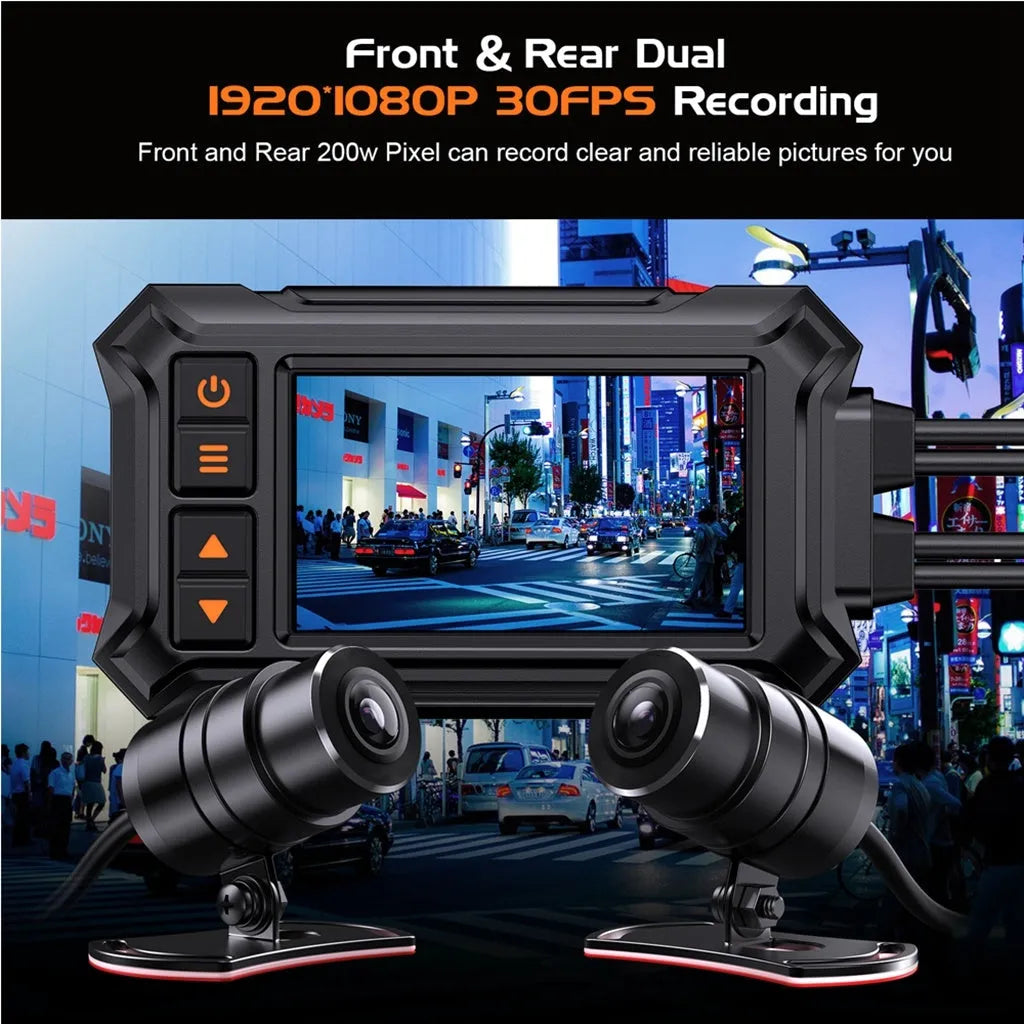 Motorcycle dual lens tachograph with 3-inch display, front and rear cameras, GPS module, and waterproof housing