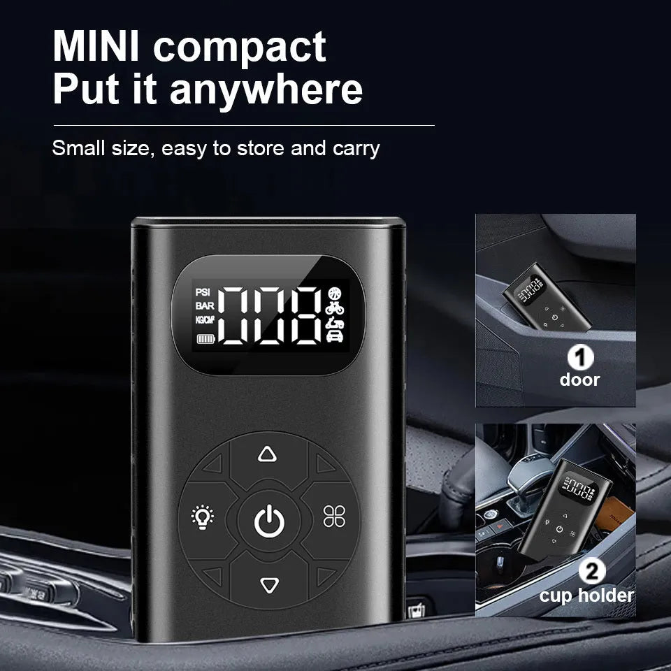 Black aviation material power bank tyre inflator with 16cm tube and USB cable