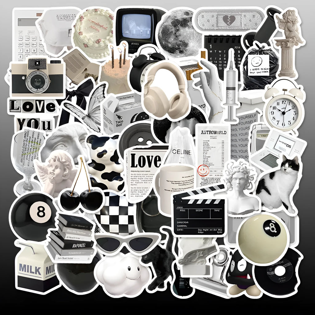 61-piece pack of black and white simple style PVC waterproof stickers for laptops and phones.