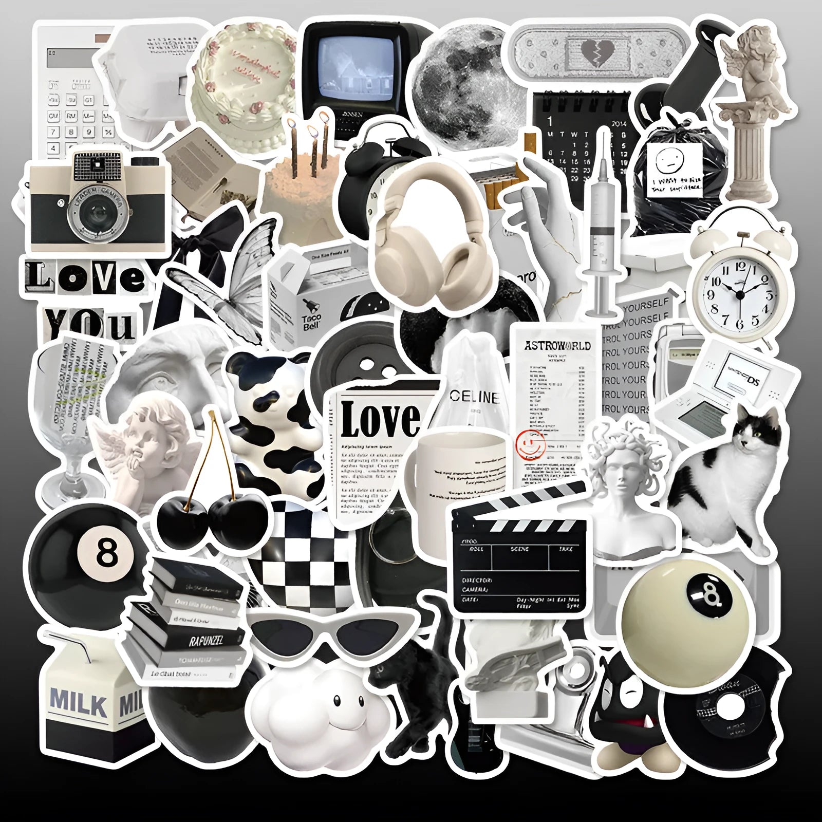 61-piece pack of black and white simple style PVC waterproof stickers for laptops and phones.