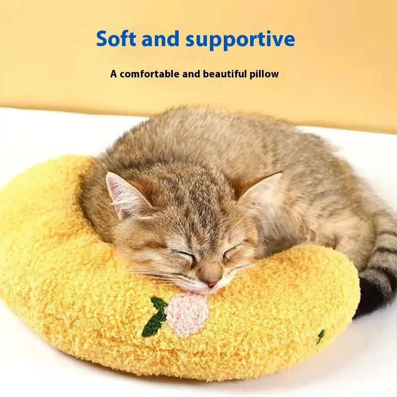 Blue U-shaped cat pillow with neck support in Question Mark style pet bed