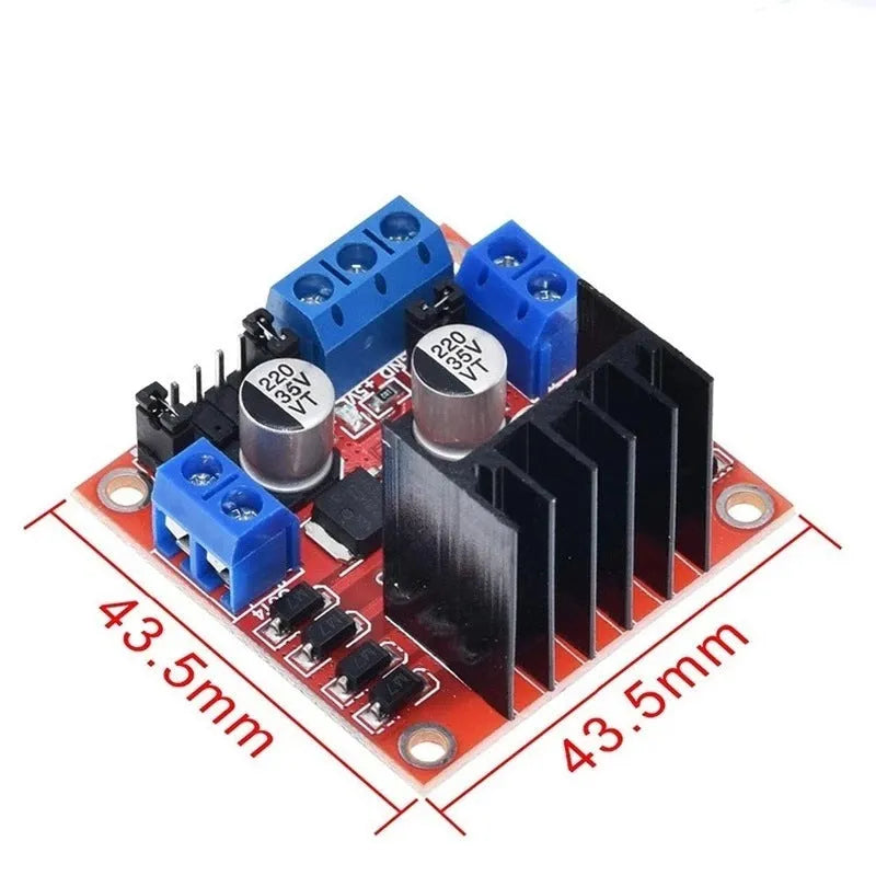 L298N dual H-bridge motor driver module on green PCB with screw terminals and pin headers