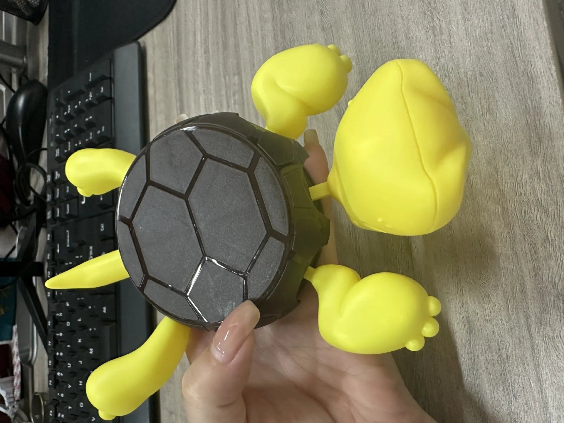 Turtle-shaped ABS plastic coaster in light green on a wooden table.