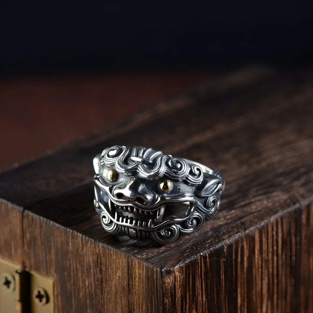Silver open ring with Domineering Jibeast animal and Zodiac pattern in retro style