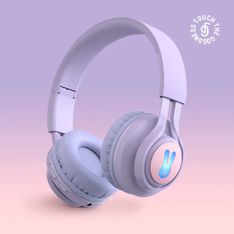 Wireless children's headphones with RGB light effects in bunny purple colour