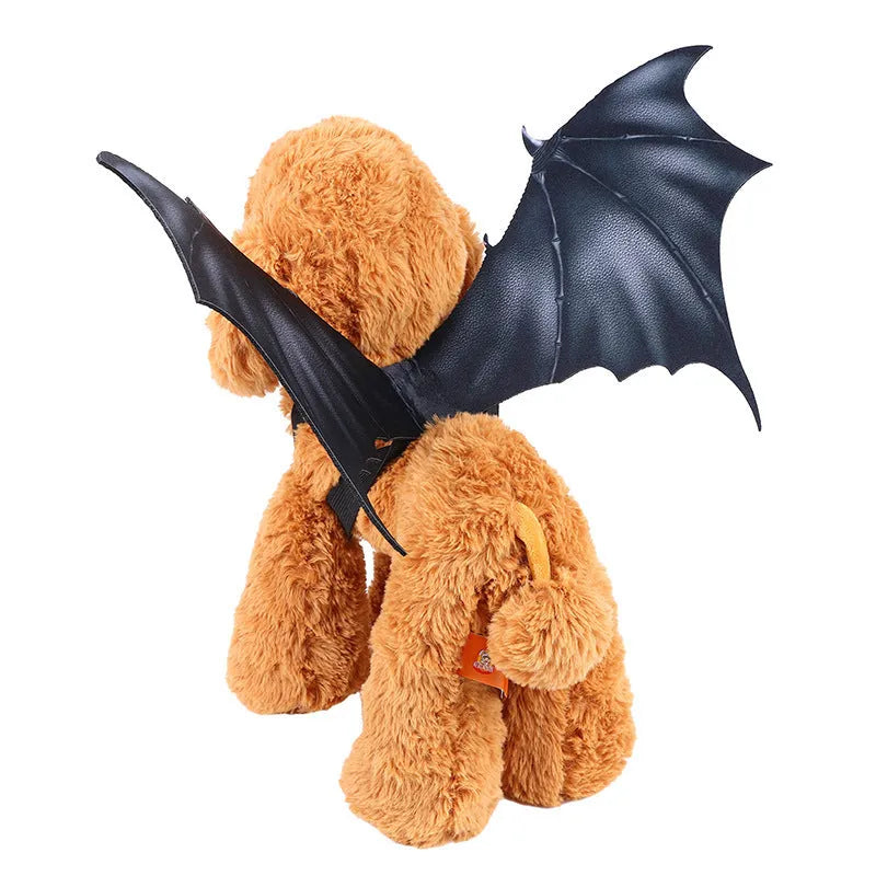 Black bat wings Halloween costume for pets shown in three sizes for dogs and cats