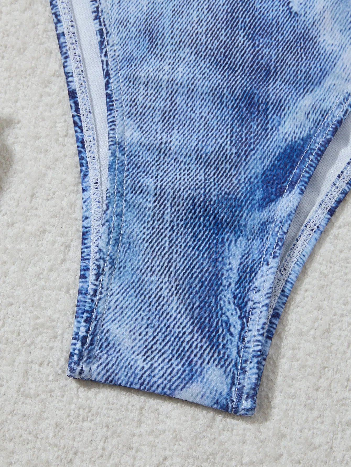 Women's denim blue printed strap bikini set with ruffle detail design