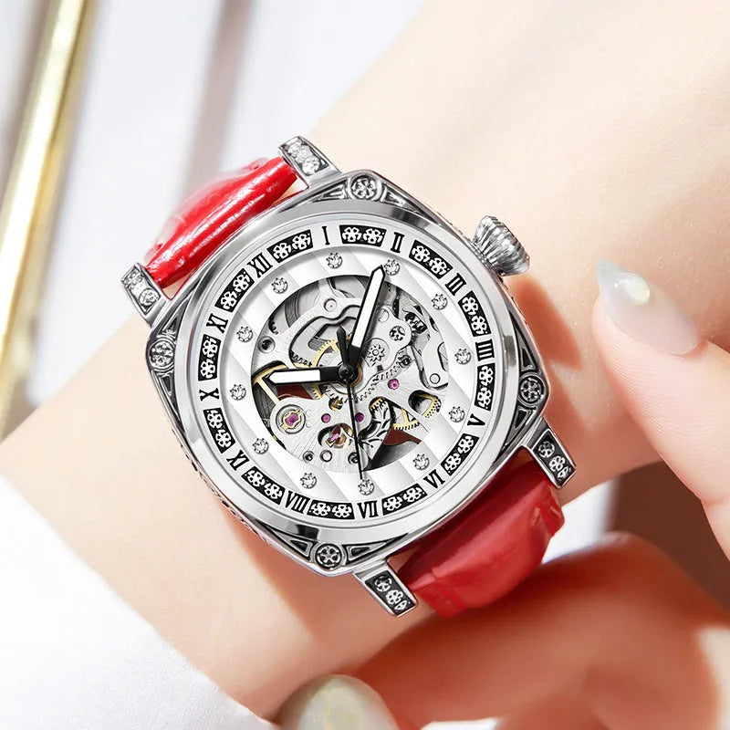 Men's mechanical watch with luminous hands and leather band, waterproof to 10 metres, showing four colour options