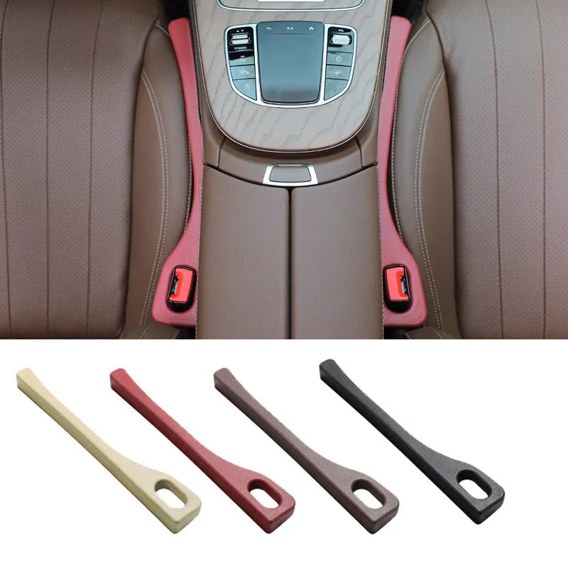 Flexible polyurethane car seat gap filler strip in various colours: beige, black, brown, red, green.