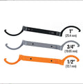 Three colour-coded magnetic crescent wrenches with suction cups - orange, grey, and black spanner set