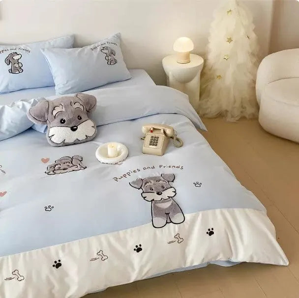 Cute Schnauzer cartoon design cotton bedding set with embroidery details showing quilt cover, sheet, and pillowcase