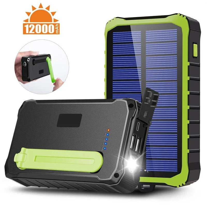 Green and orange portable solar hand crank power bank showing USB ports, solar panel, and hand crank