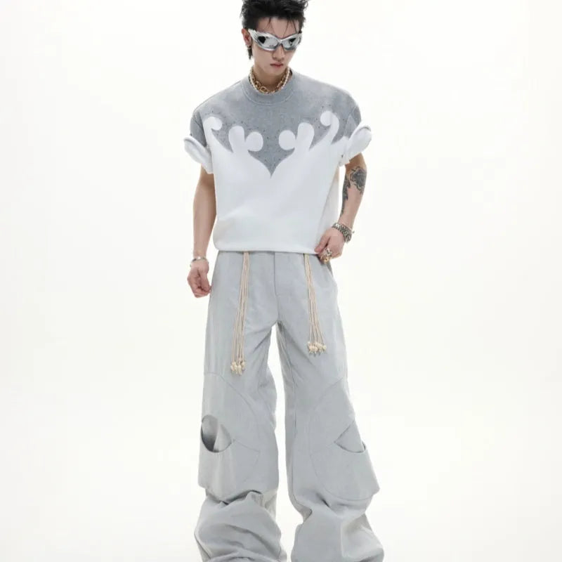 Men's cotton short sleeve shirt with burnt flower pattern featuring three-dimensional stitching embroidery and rhinestone detailing