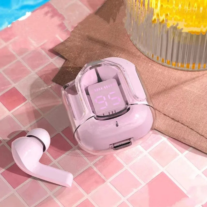 Transparent space capsule case Bluetooth earphones showing digital display screen