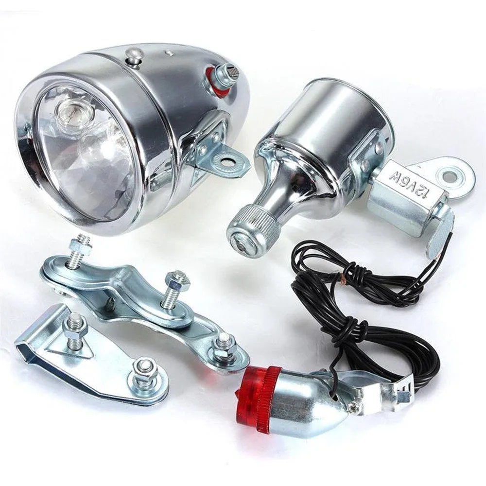 Silver aluminium bicycle dynamo generator light kit with wiring for headlight and tail light connections