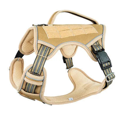 Search and rescue patrol working dog wearing tactical chest strap harness in olive green Oxford cloth