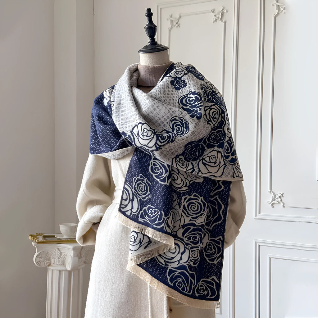 Long gray cashmere-like winter scarf with tassels laid flat showing its 185cm length