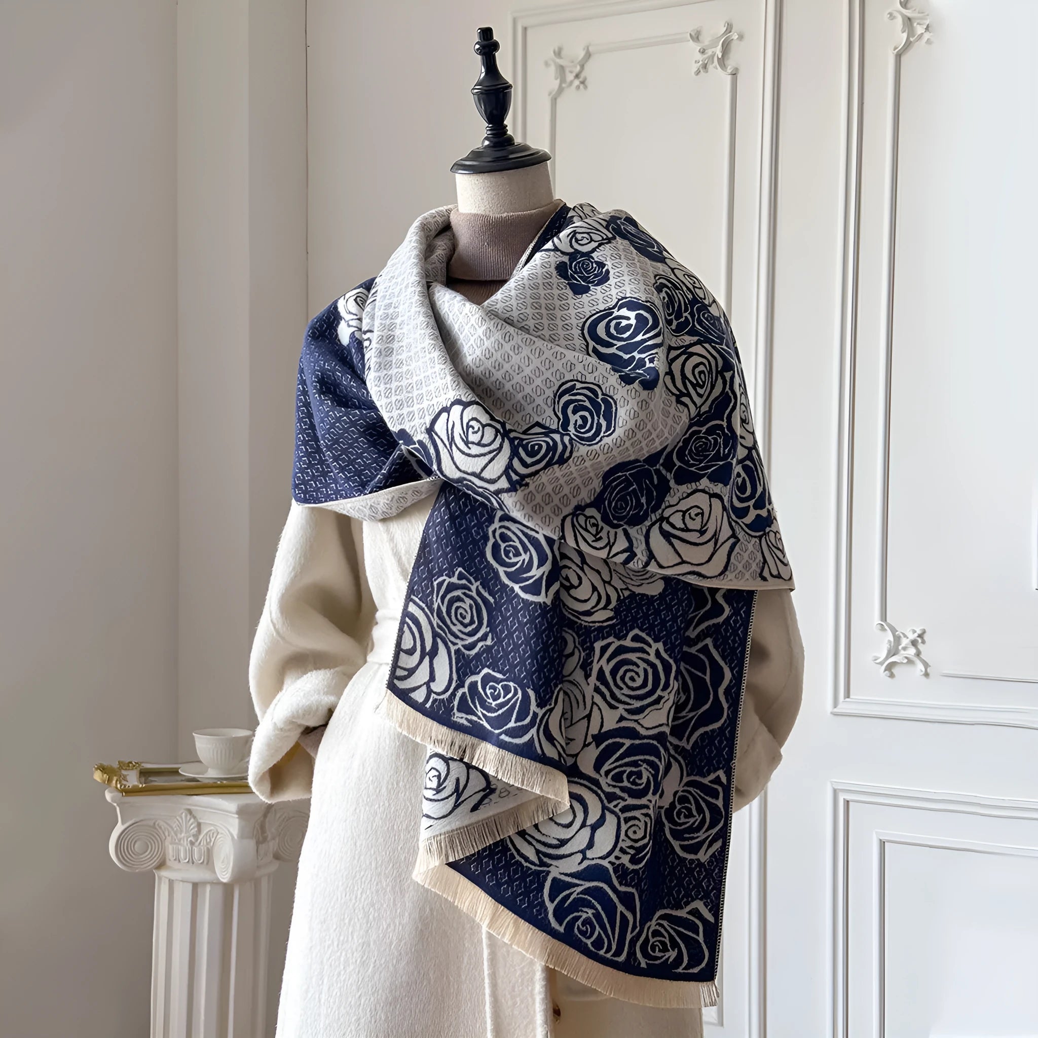 Long gray cashmere-like winter scarf with tassels laid flat showing its 185cm length