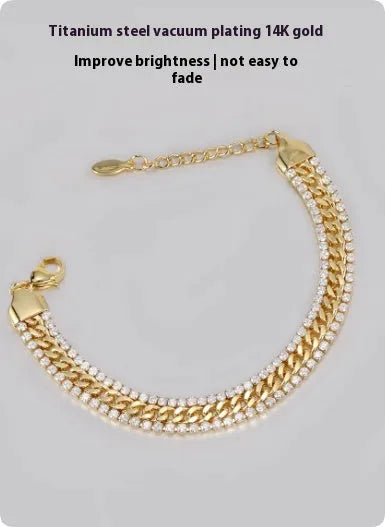 Gold-coloured titanium steel tennis bracelet with stone inlay for men and women