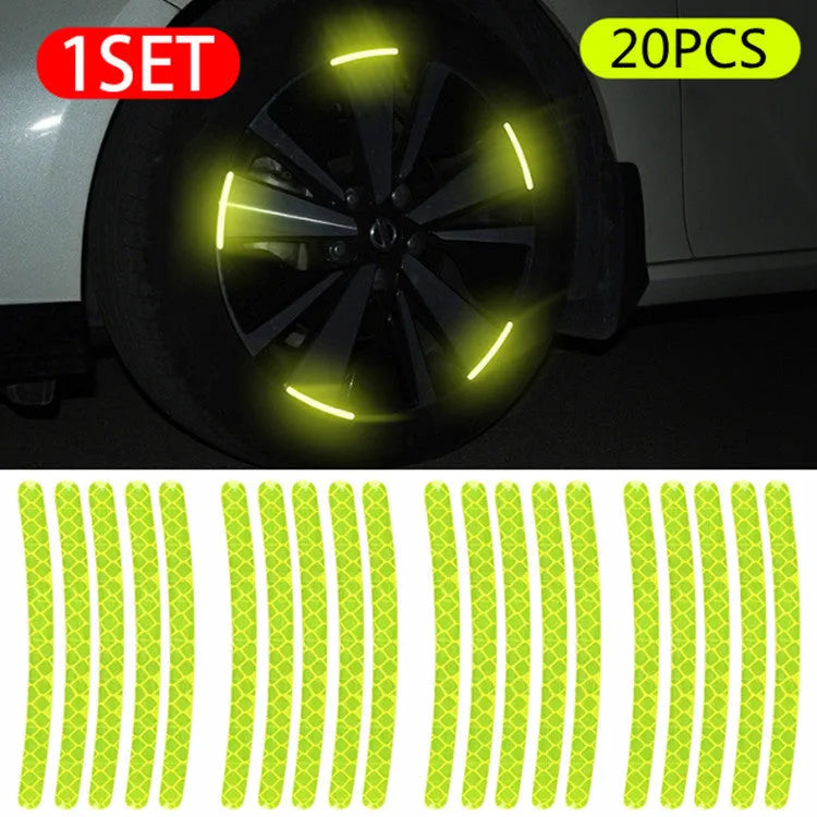 Pack of 20 self-adhesive fluorescent and luminous reflective stickers for car wheel hubs and tyre rims.