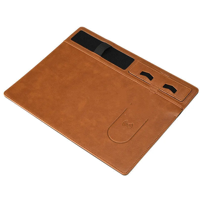 Wireless charging mouse pad with phone holder in black PU material showing 10W charging zone and USB cable