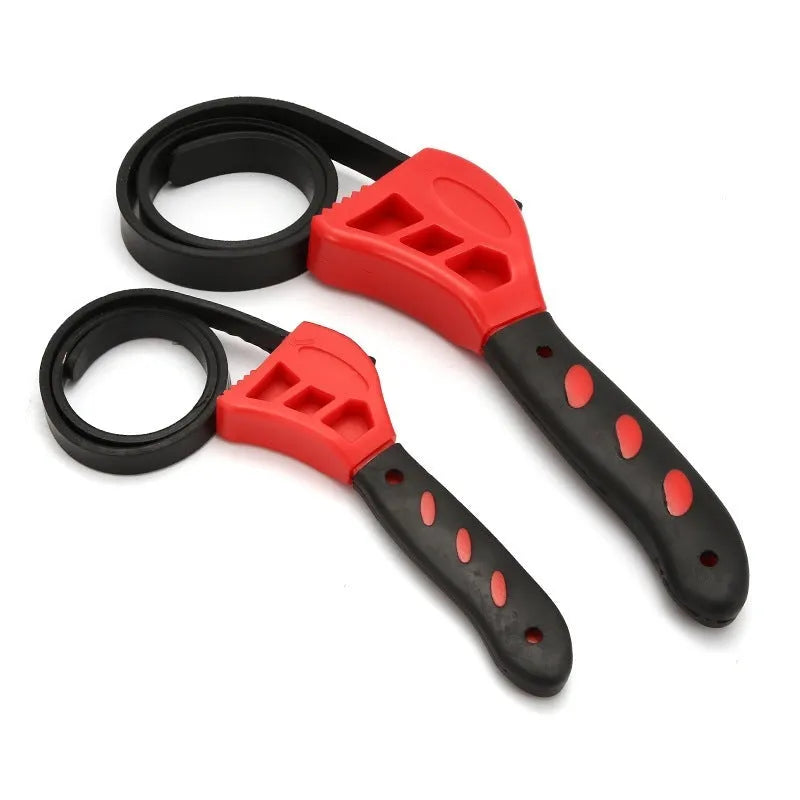 Adjustable rubber strap wrench showing plastic body and rubber strap in 6-inch and 8-inch sizes
