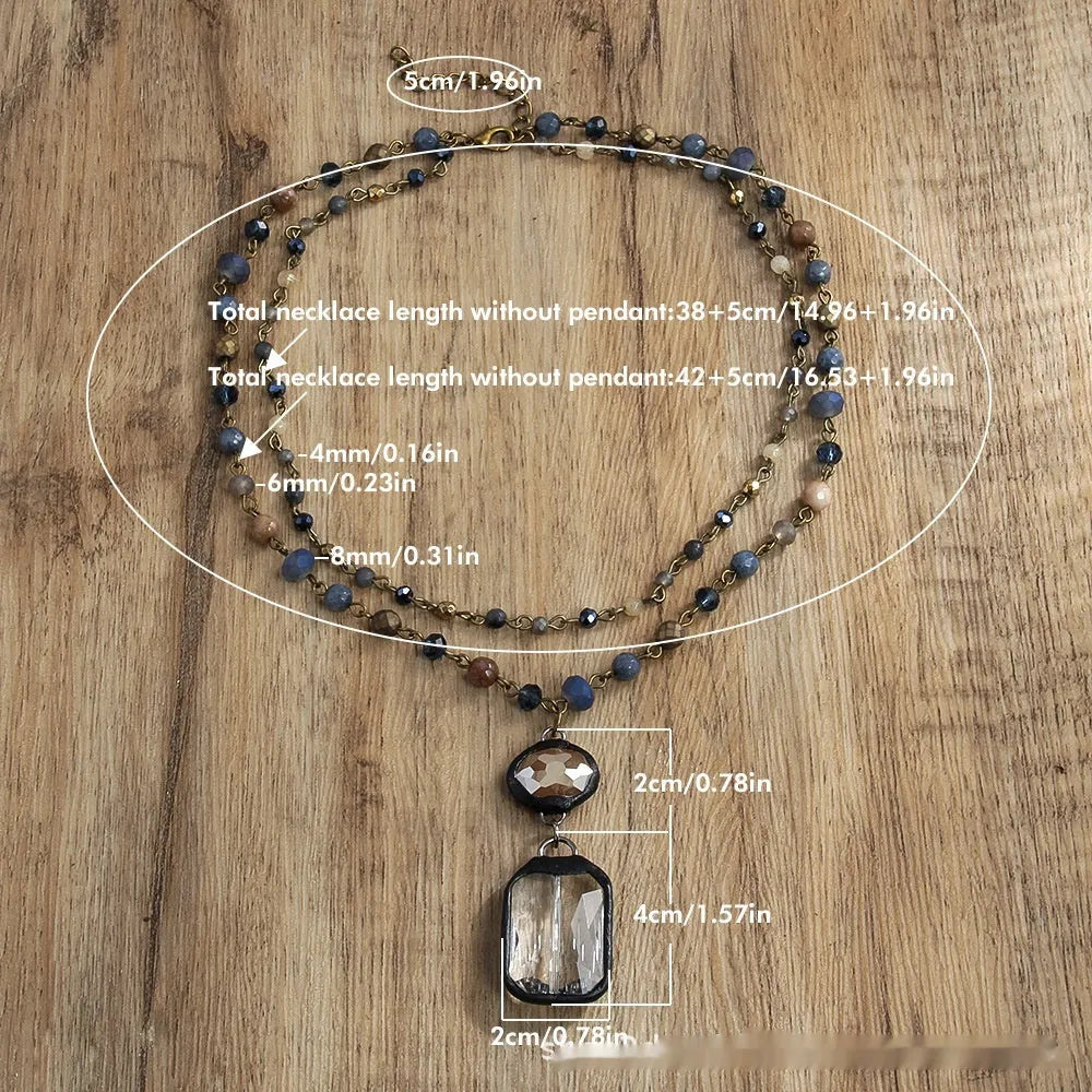 Two-layer tribal necklace with stone and glass pendants on alloy chain, adjustable length
