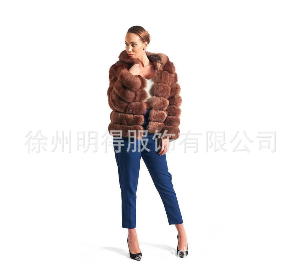 Women's artificial fur hooded coat in street fashion style with medium length
