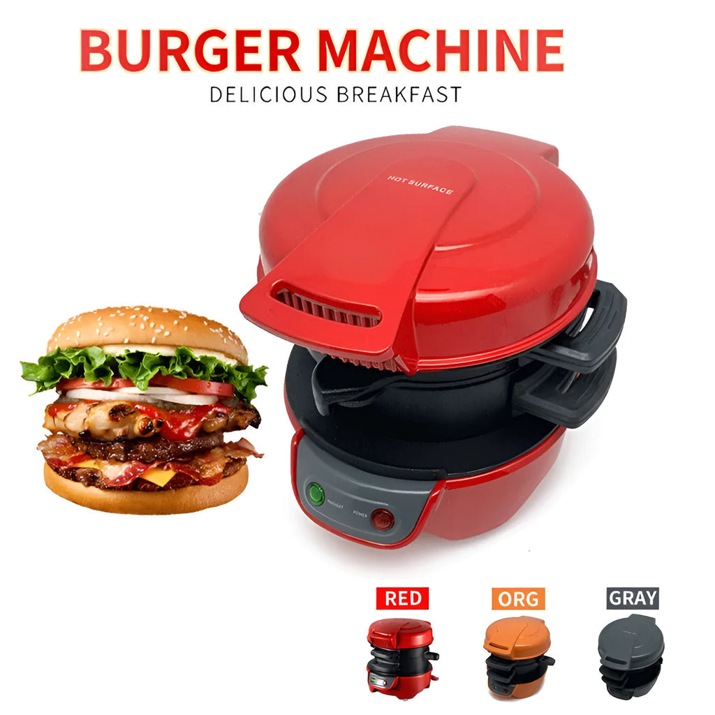 Bright red household breakfast machine with sandwich plates and egg cooking ring on kitchen counter
