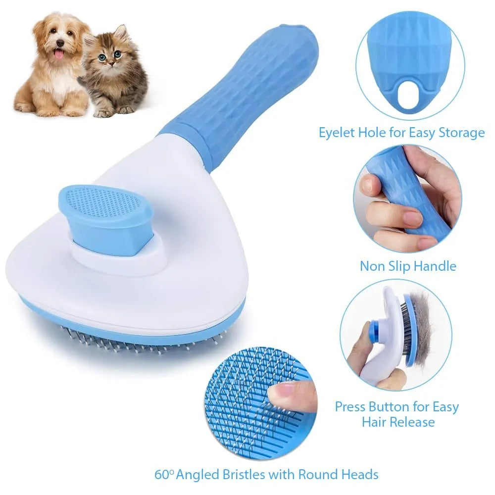 Blue cat brush with a release button and fine wire bristles for removing loose fur