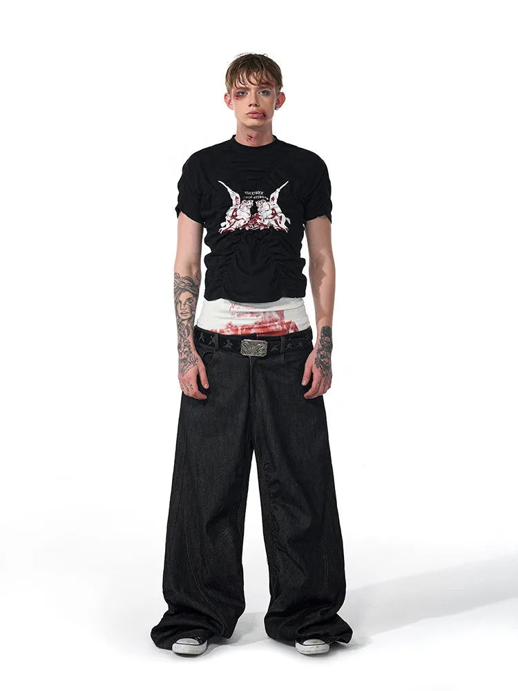 Black men's slim fit short sleeve summer shirt with printed design and round neck collar