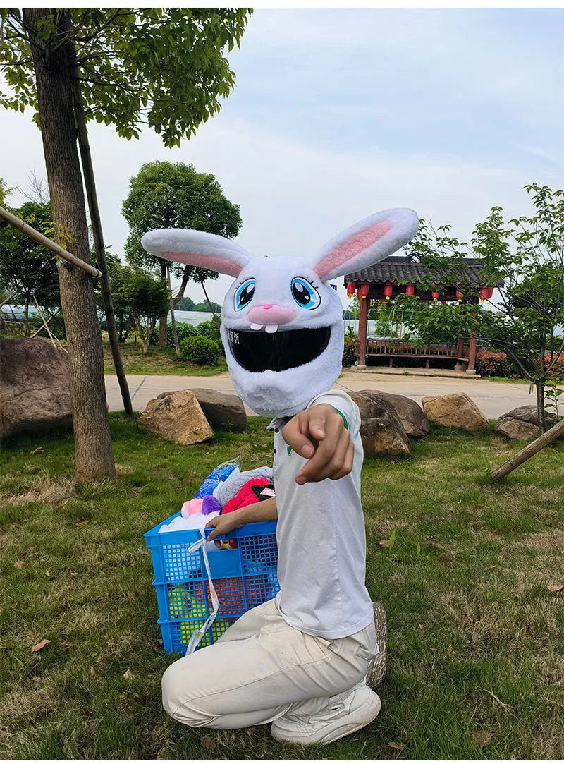 White rabbit head helmet cover with long ears made from plush PP cotton material