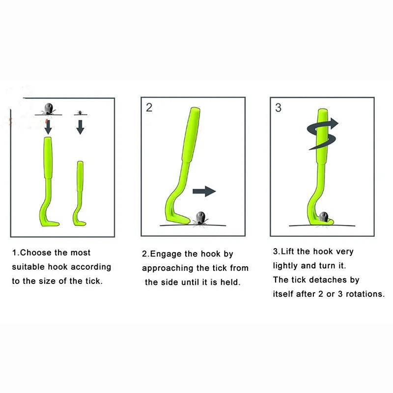 Three plastic pet tick removal clip tools with hook comb, shown in blue or green colour options.