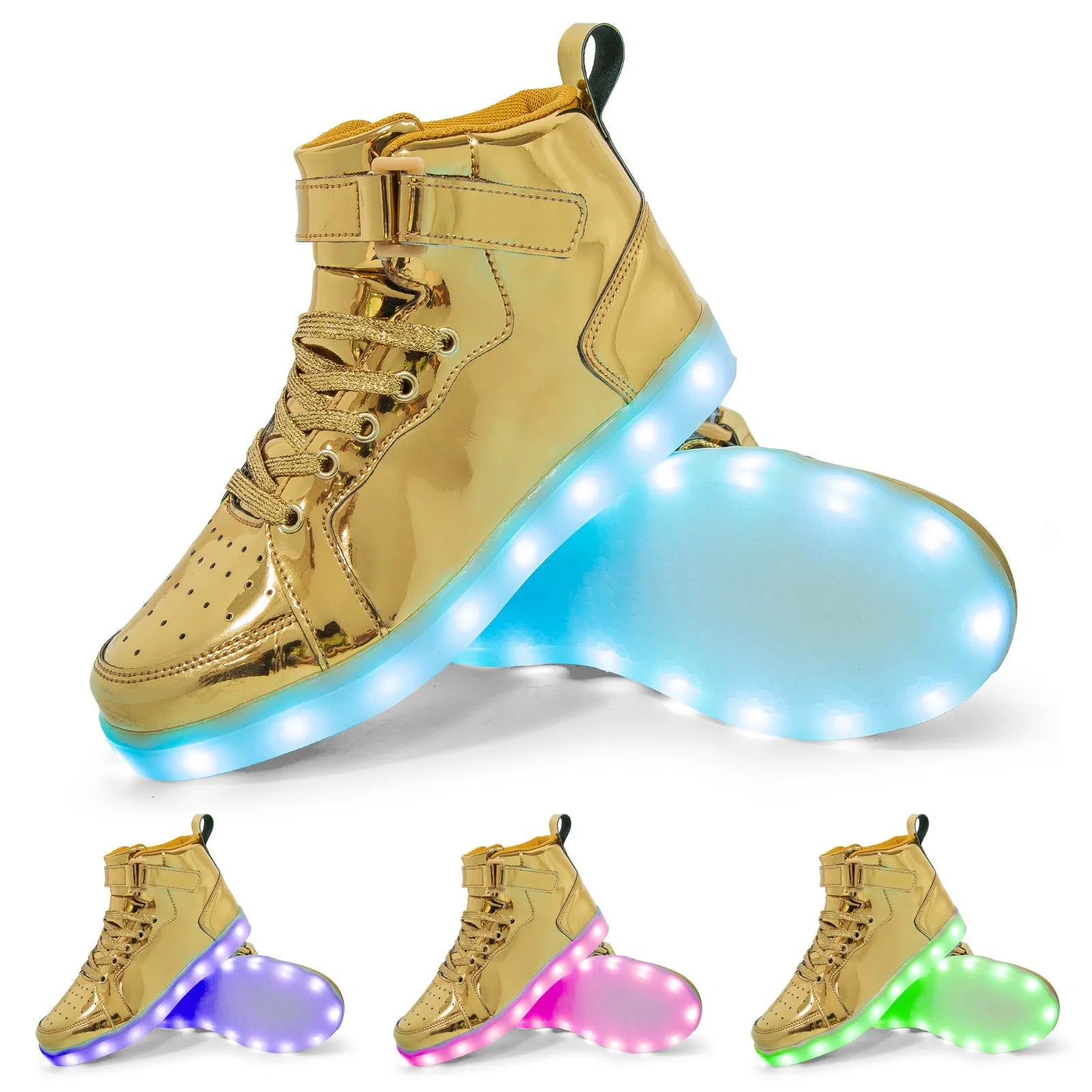 A pair of black high-top LED light-up board shoes with a Velcro strap, showing the illuminated soles.